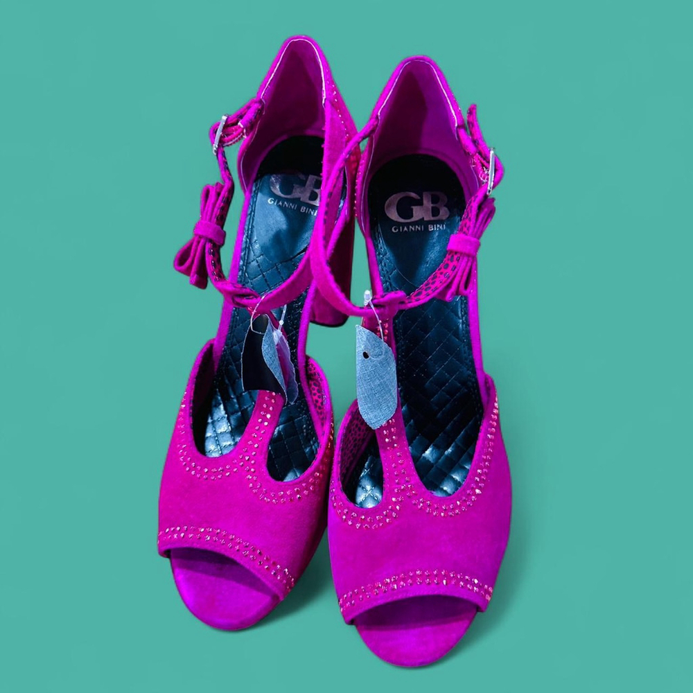Fuchsia Pink T-Strap Suede Platform Peep-Toe Block Heels Gianni Bini 9 - Picture 7 of 8